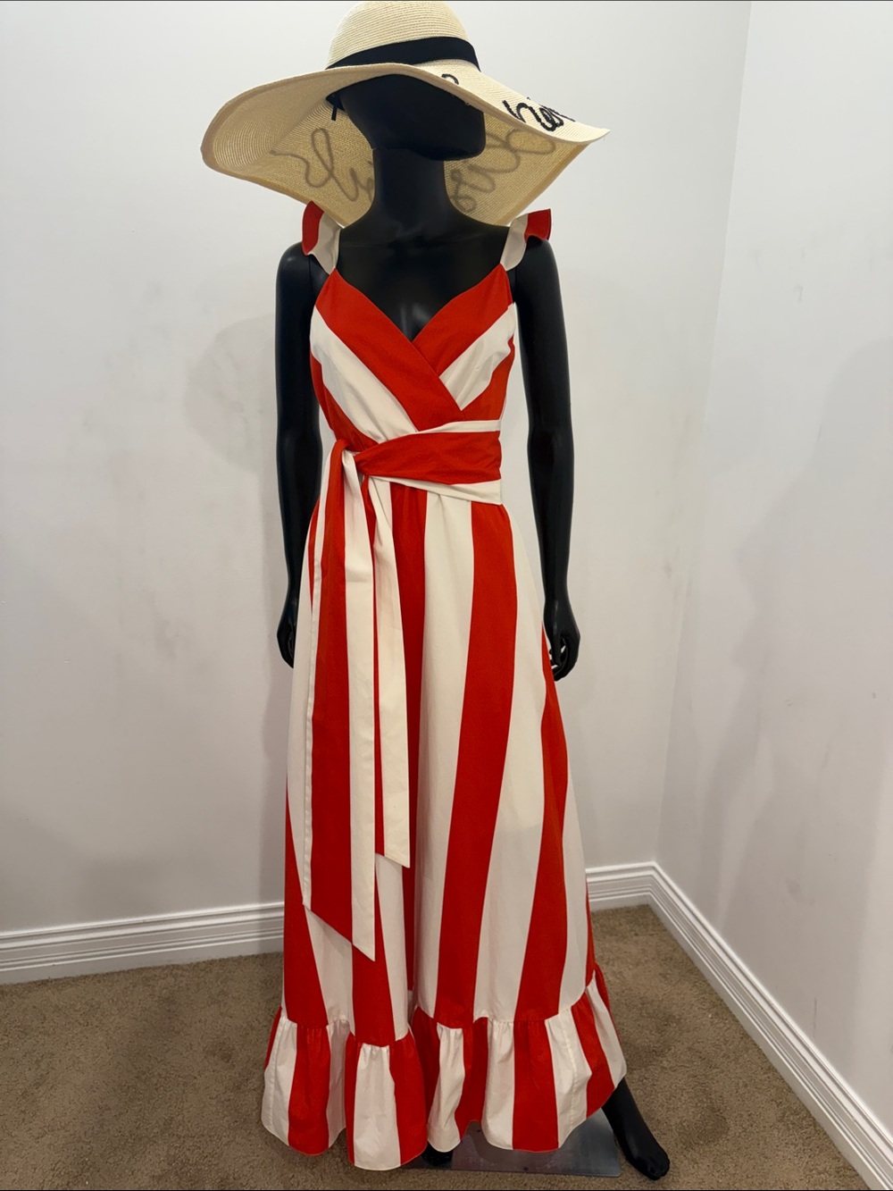 Alice + Olivia Red White Stripe Cotton Wrap Maxi Dress Bow Tie Waist Size 6 NEW